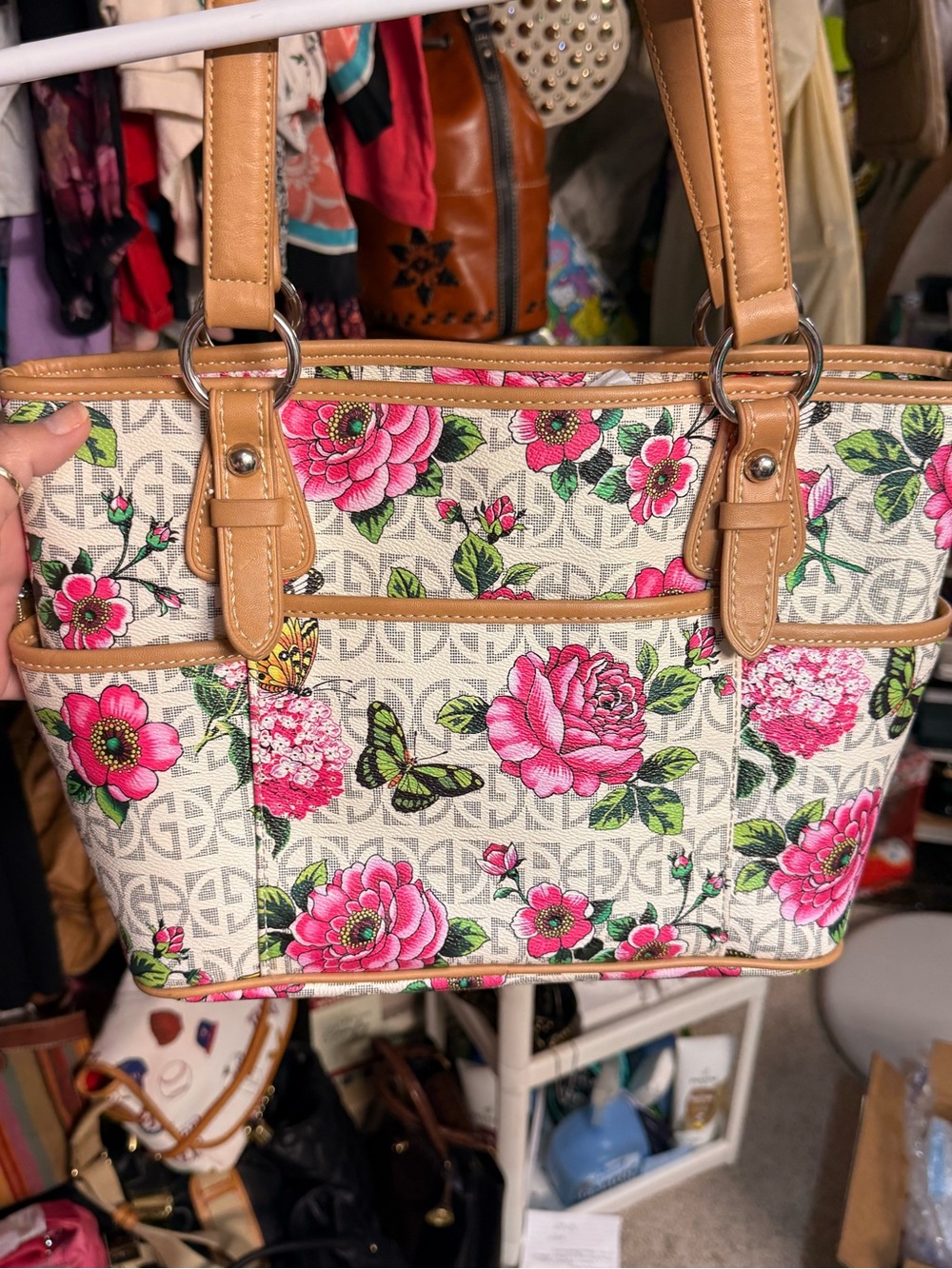 Ginani Bernini Floral Canvas Tote Bag with Pink Rose Print